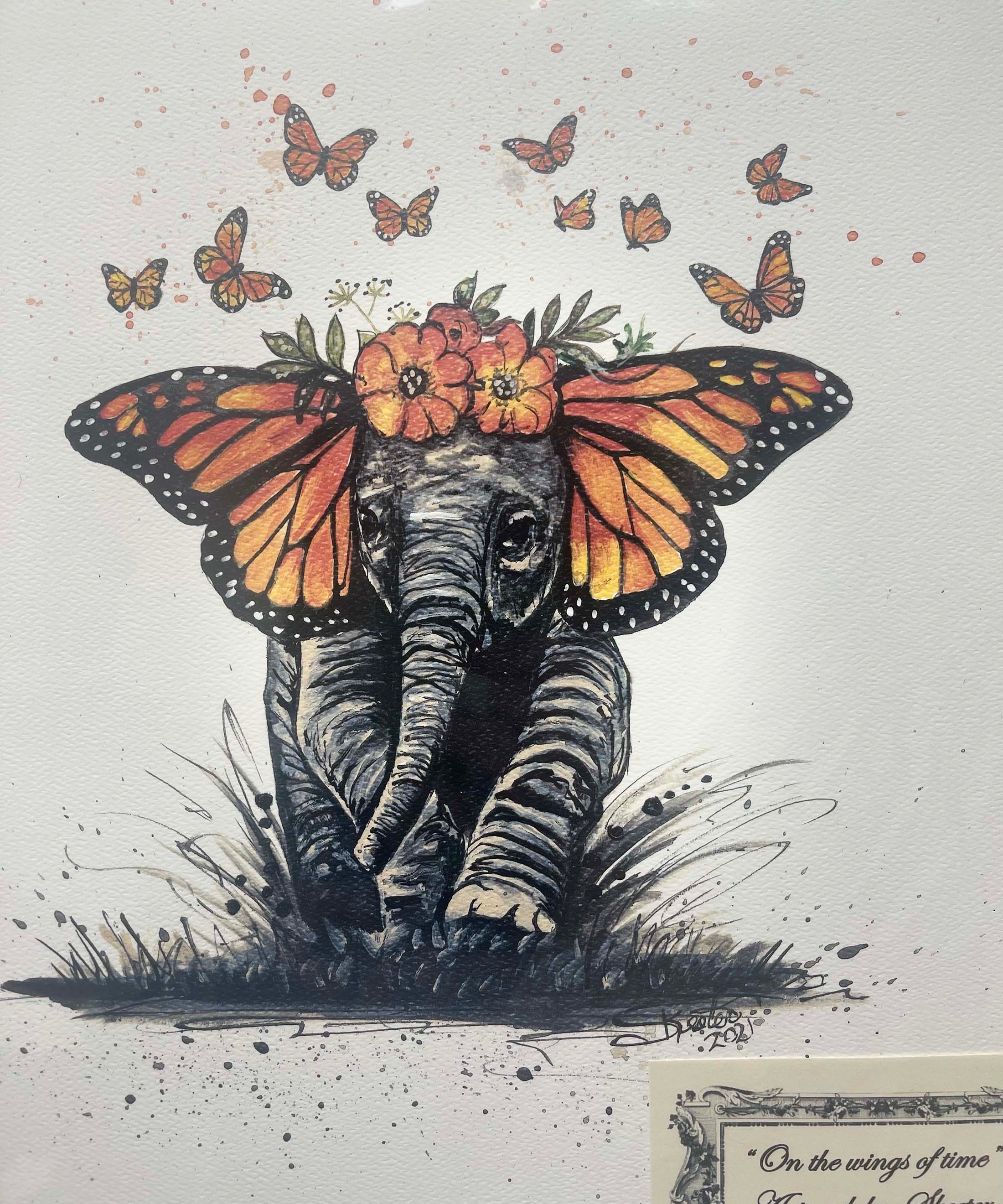 watercolor, eleghant, orange butterflies all around head