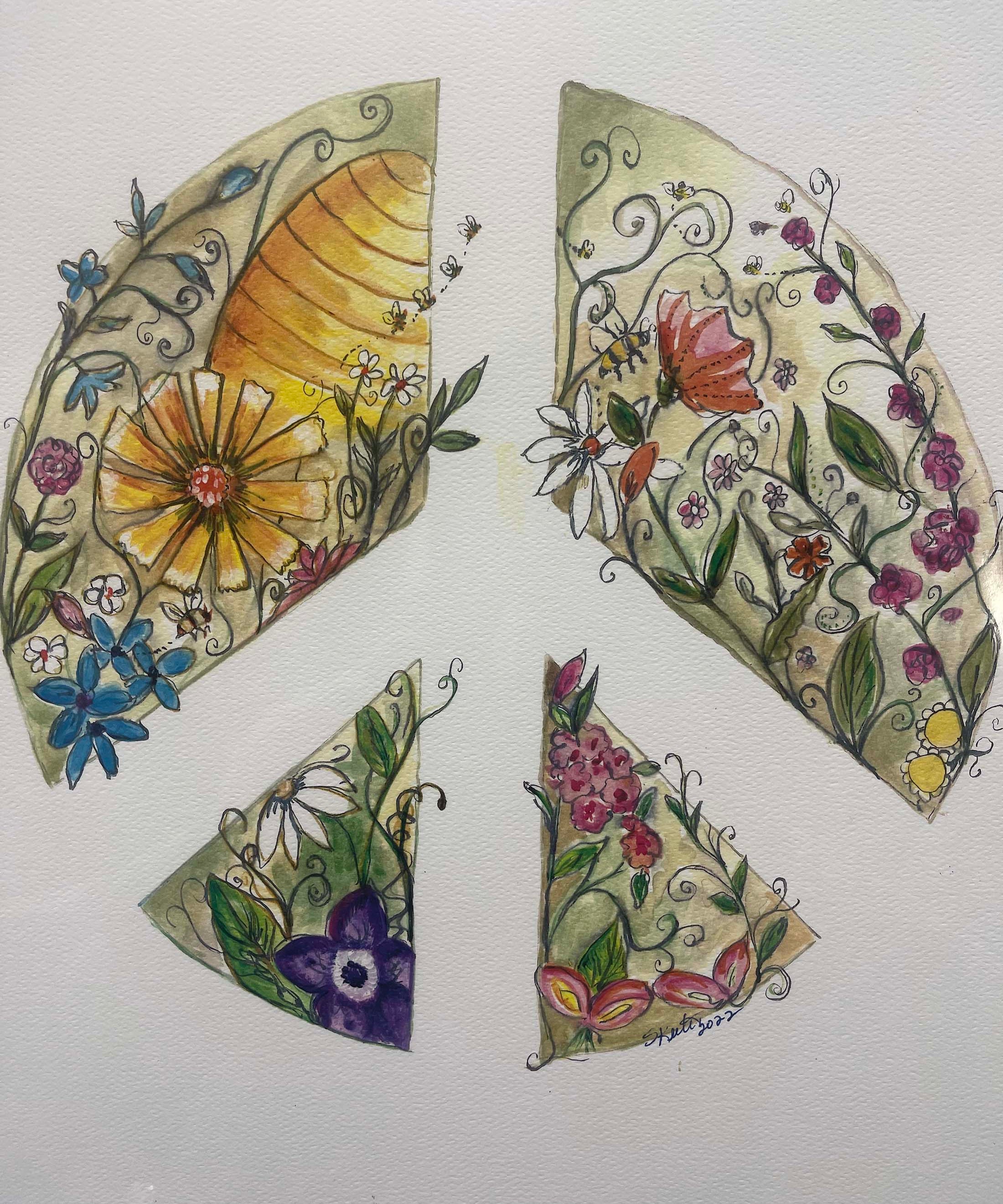 watercolor, peace symbol, flowers, beehive