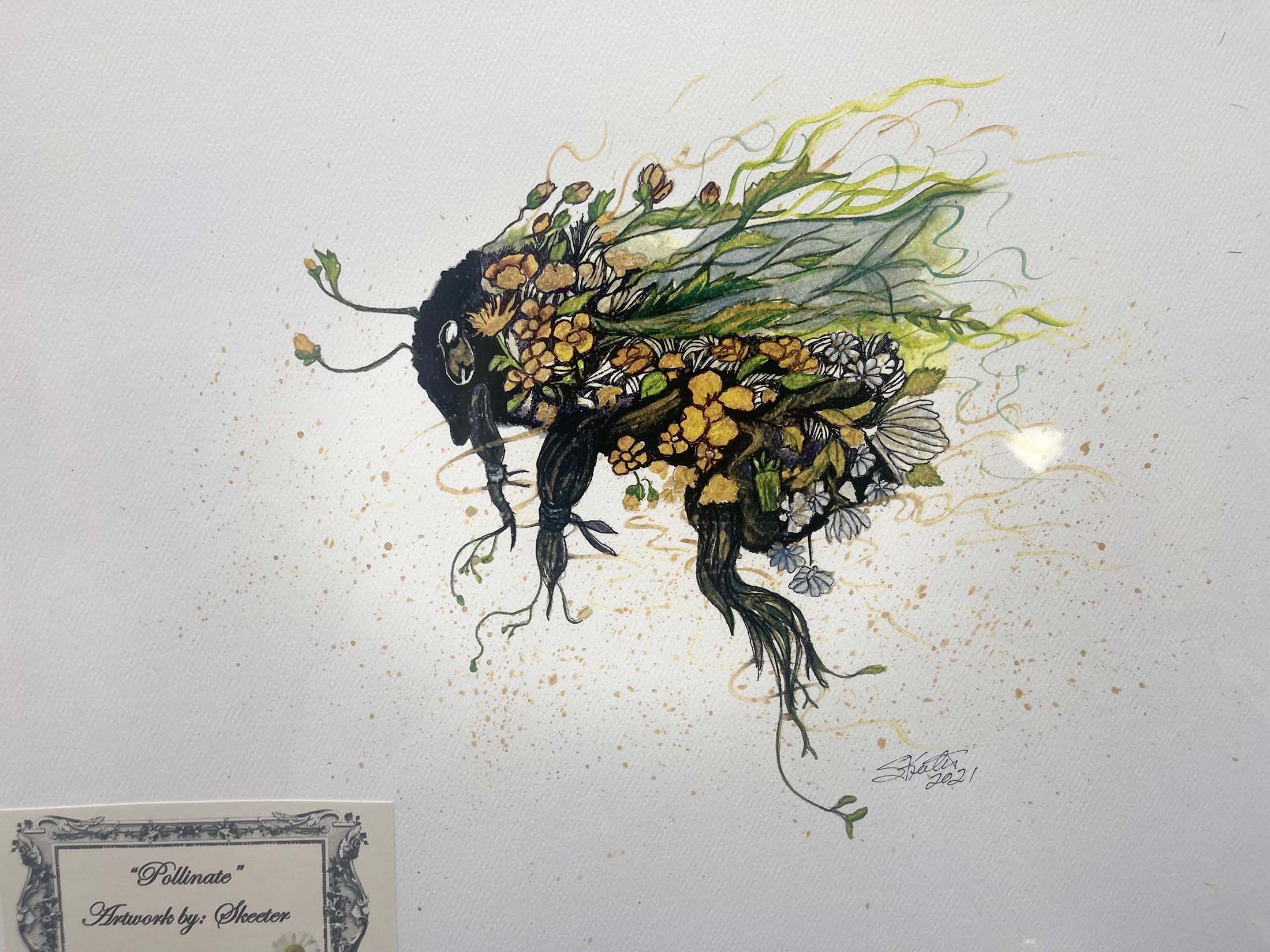 watercolor, bee with flowers