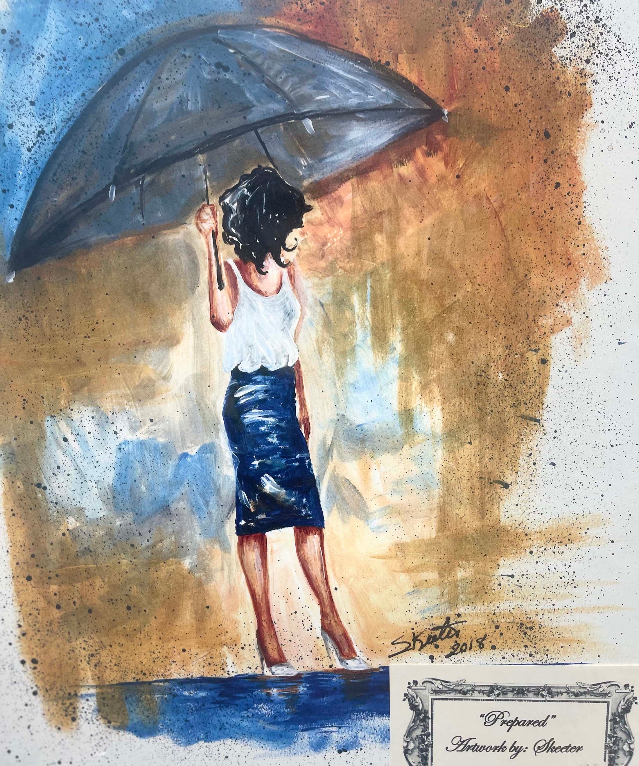 watercolor, women with umbrella wearing white shirt and blue skirt in heels