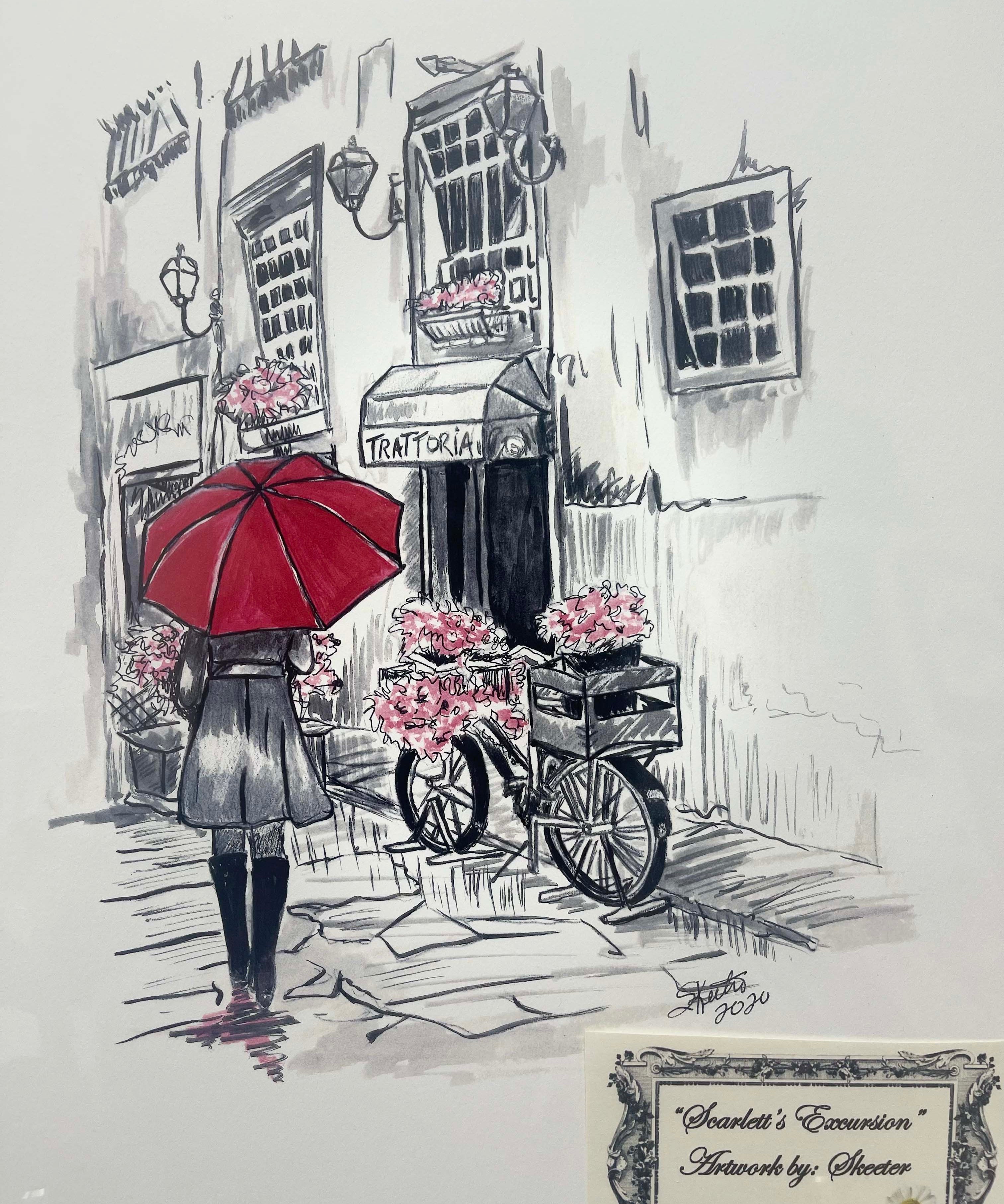 watercolor, women wearing boots, walking in paris with red umbrella