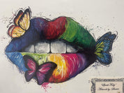 watercolor, lips, rainbow colors, butterflies