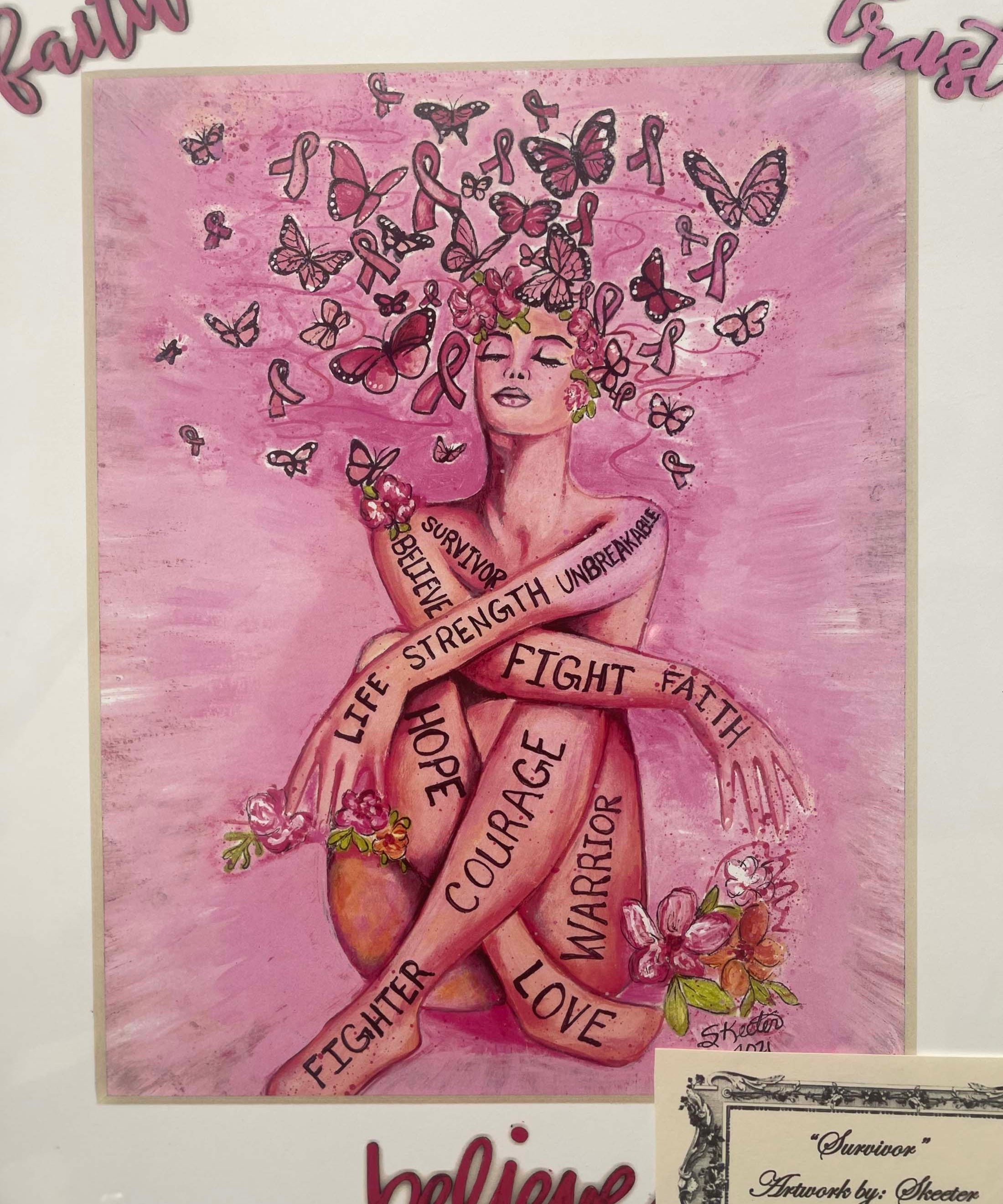watercolor, survivor, women with pink butterflies and flowers