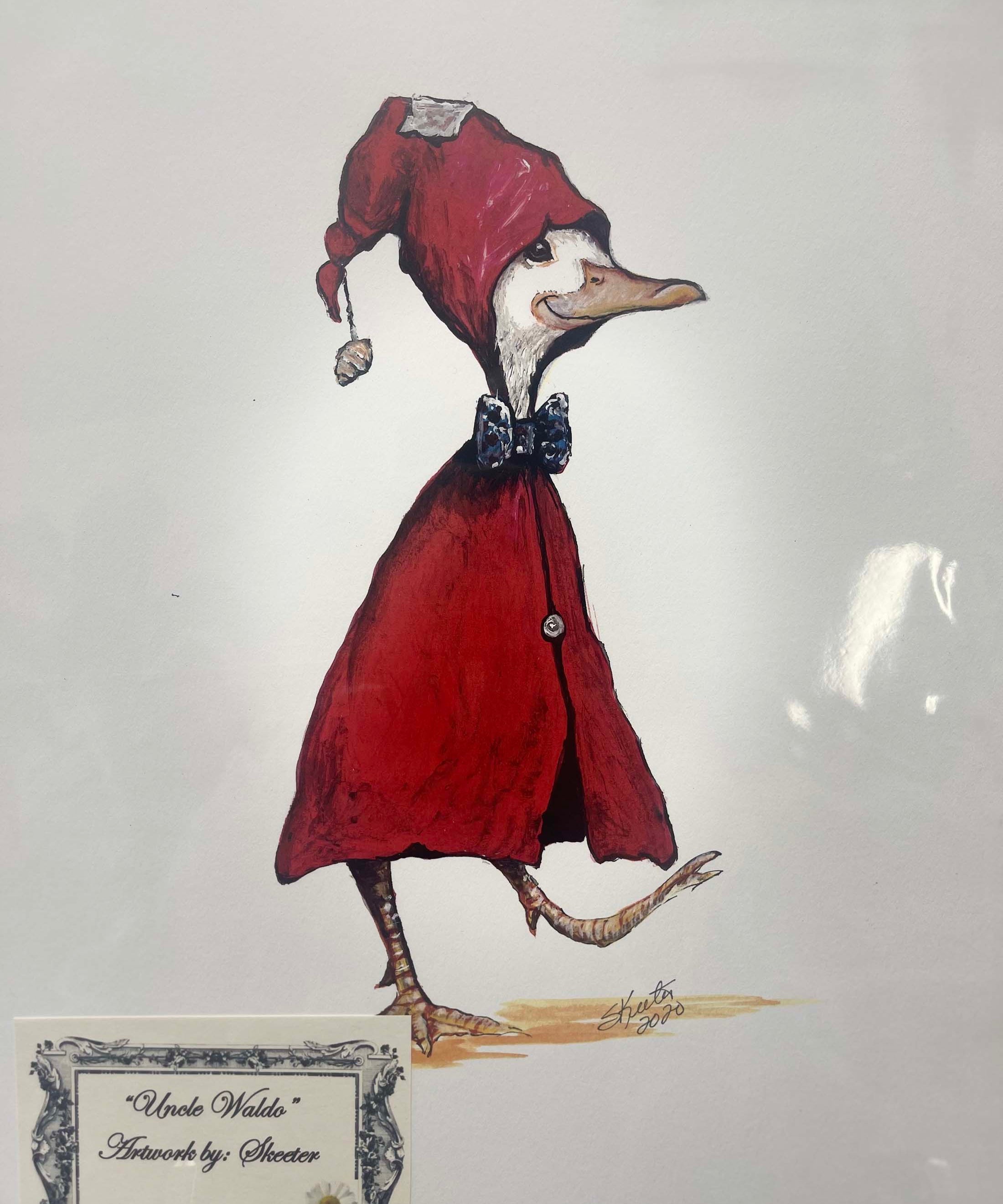 watercolor, duck wearing red jacket and red hat