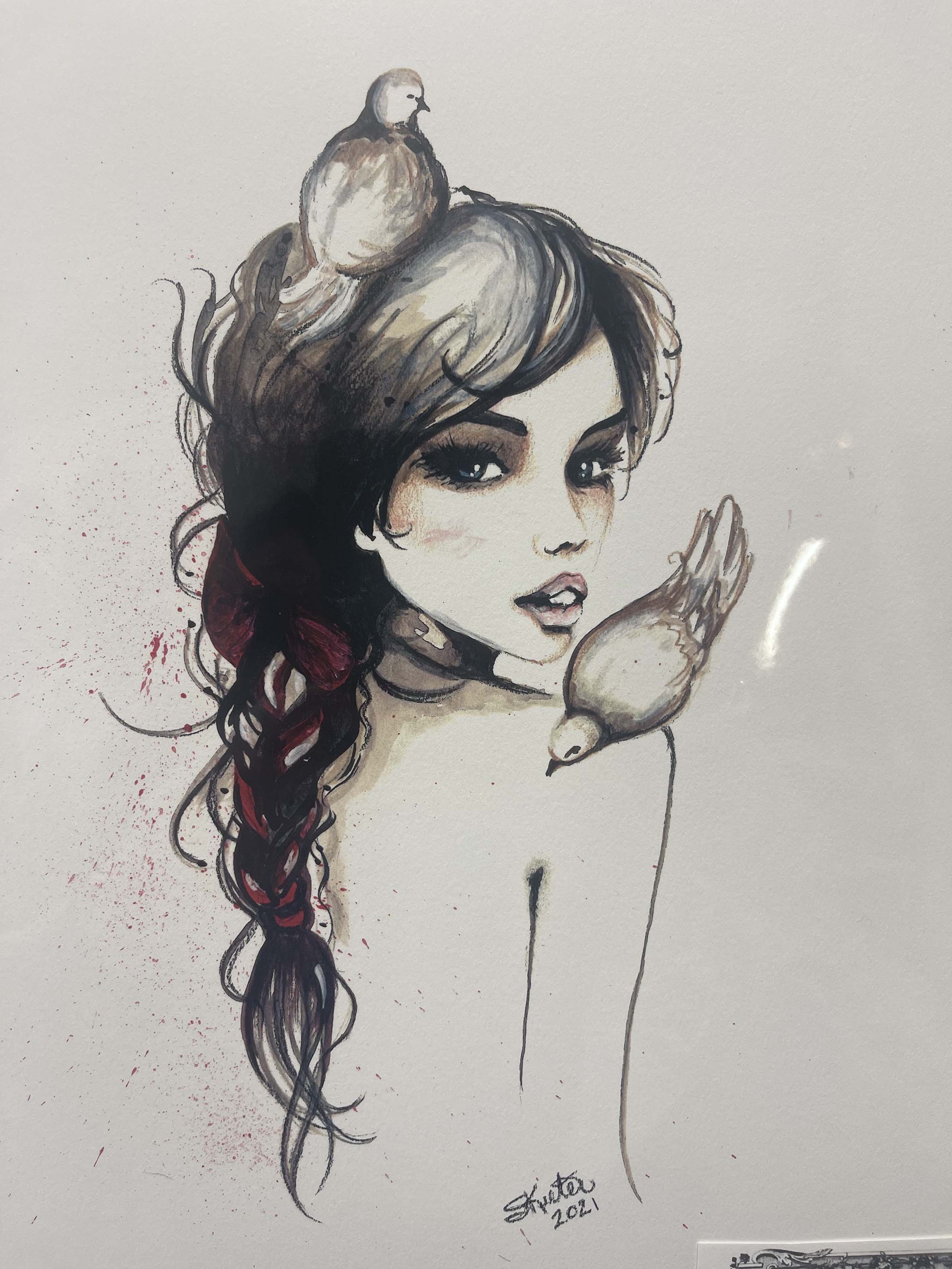 watercolor, women with bird on shoulder