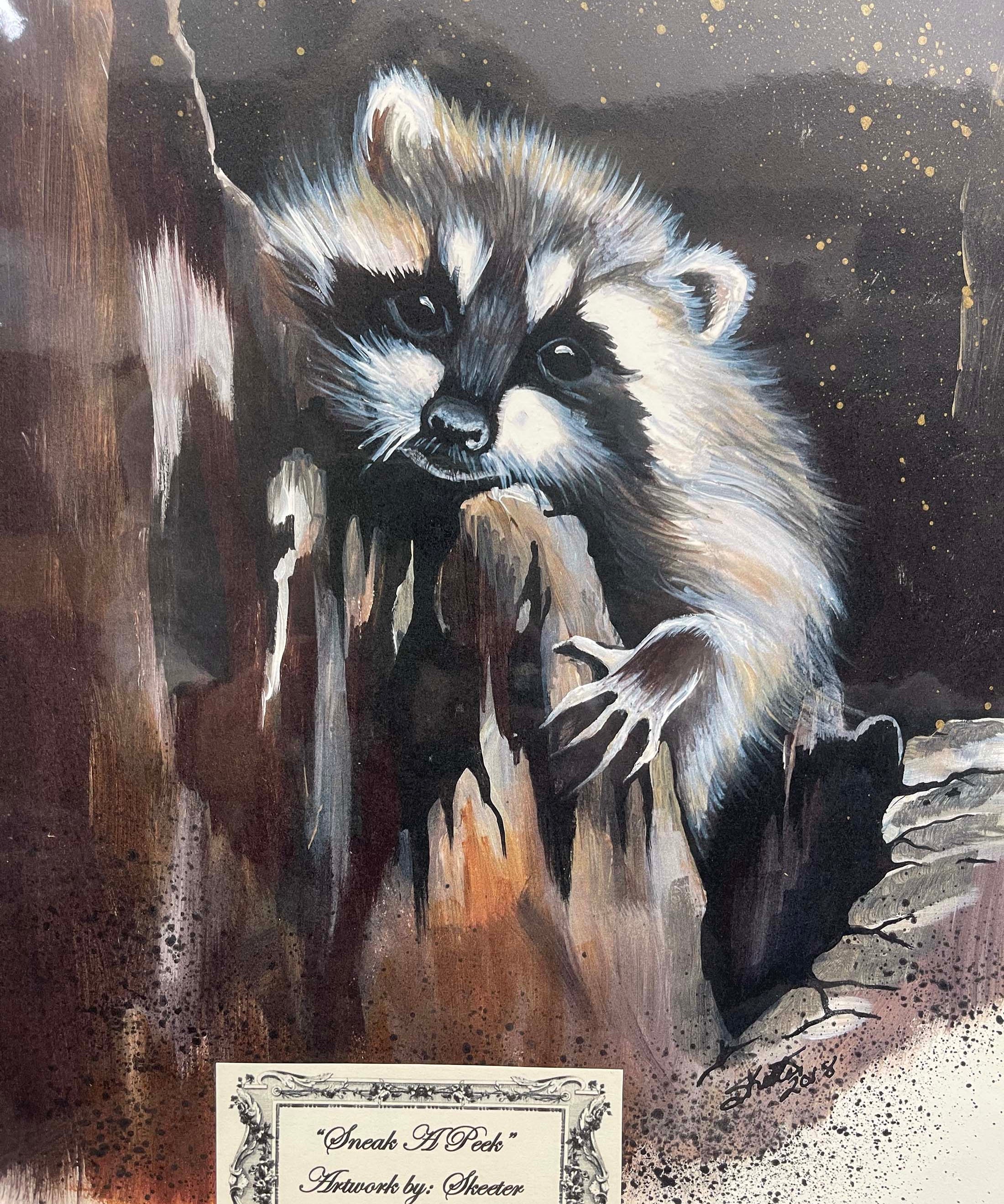 ACRYLIC PRINT, RACCOON BEING MISCHIEVIOUS 